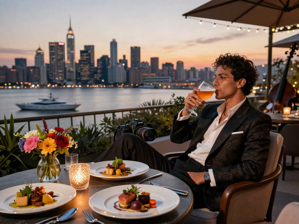 Luxury111 momen santai di teras mewah dengan panorama kota.