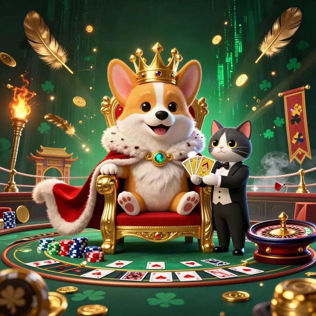 Royal corgi king and cat butler amid casino glow, roulette, coins, and lightning
