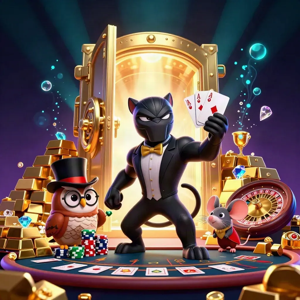 Panther, owl, and mouse in a glowing vault with gold, gems, roulette, and cards