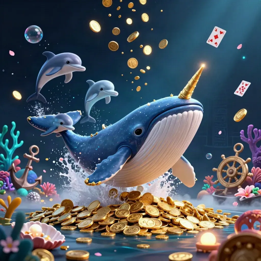 Whale captain, narwhal, and dolphins burst through gold coins in a neon casino cove.
