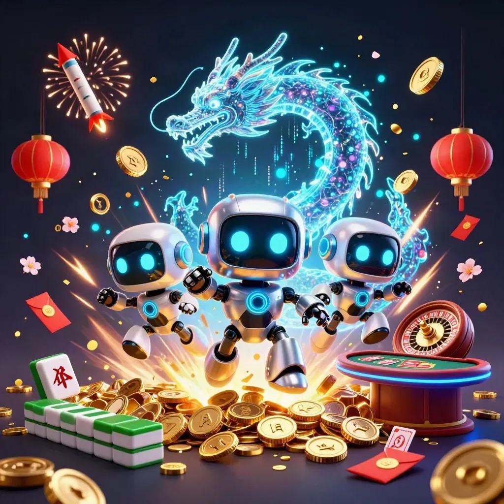 Cyberpunk robot, AI dragon, and coin drone amid exploding gold coins, roulette, cards, and fireworks.