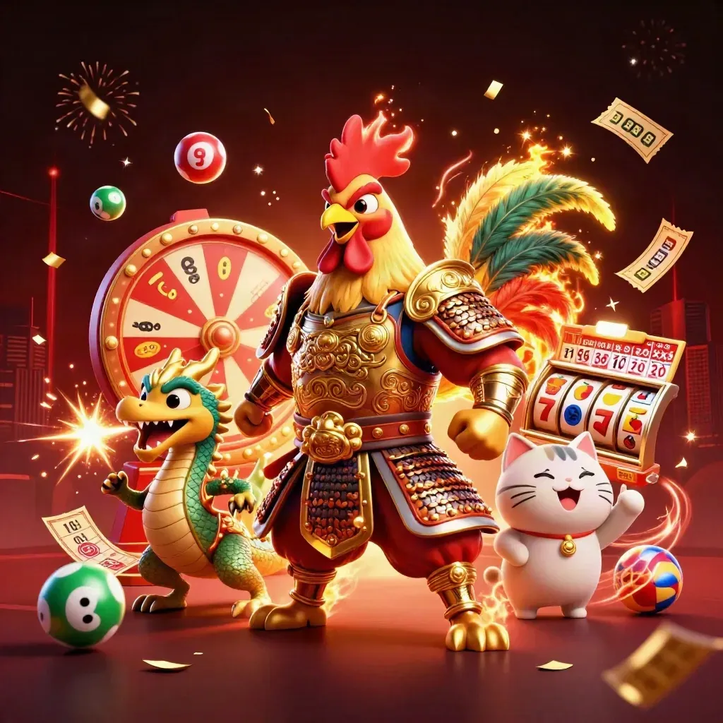 Rooster warrior, spark-breathing dragon hatchling, and fortune-cat amid jackpot roulette effects.